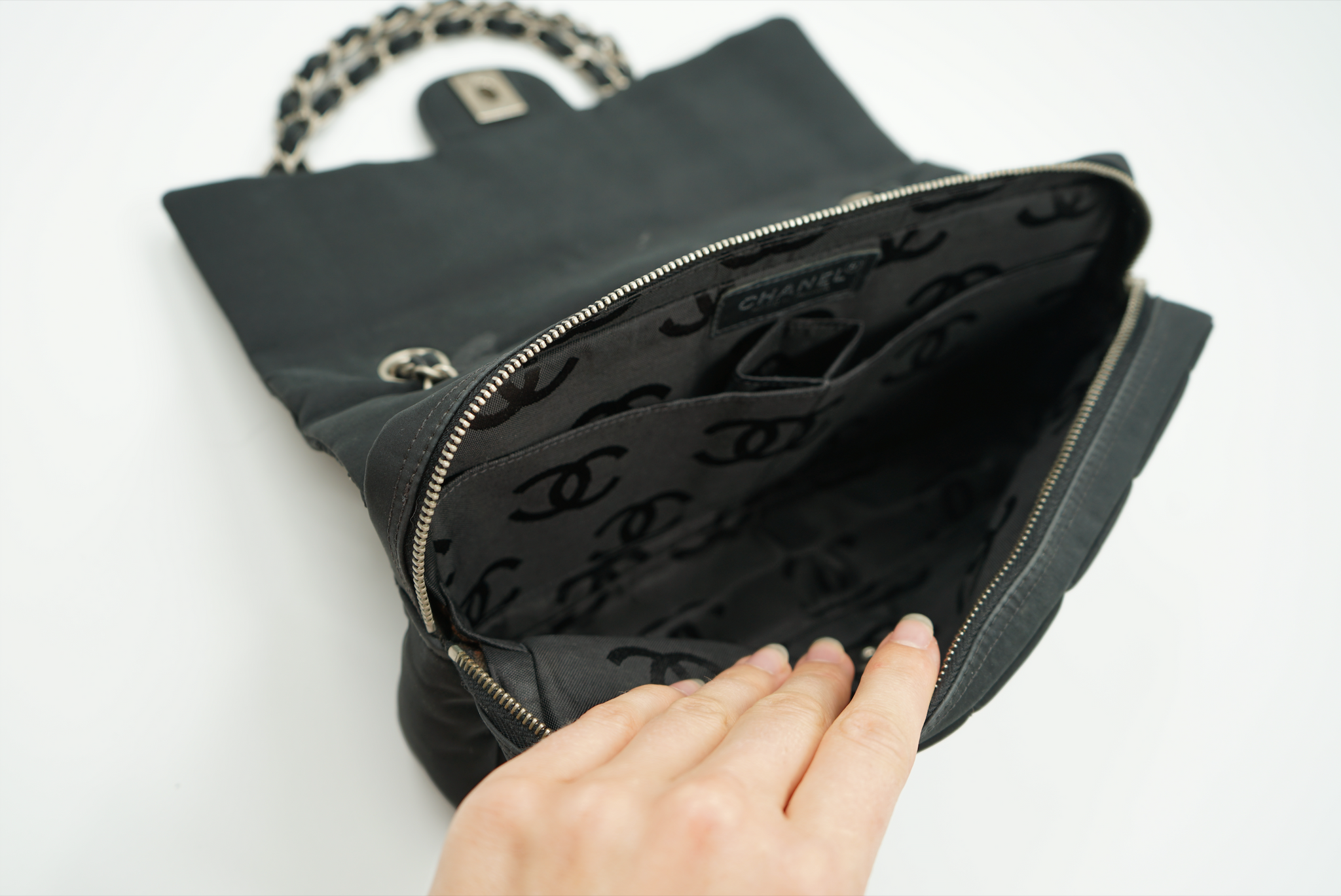 Chanel medium black nylon chocolate bar flap bag